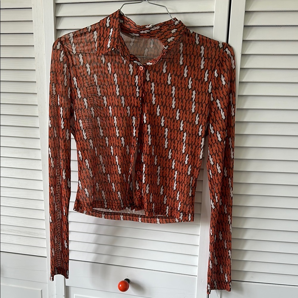INAmorata Orange and White Women's Mesh Long Sleeve Top
